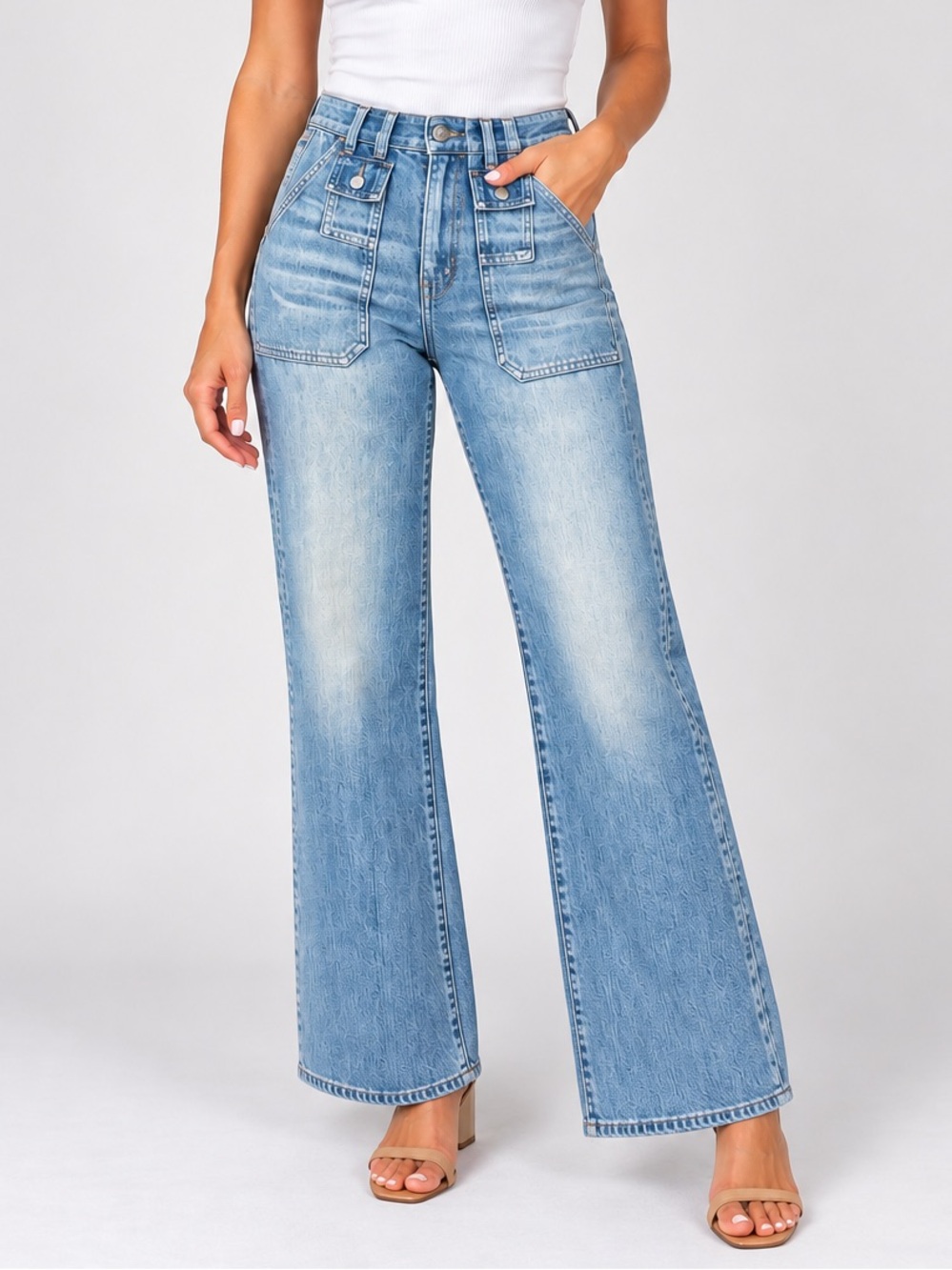 Veronica Beard Crosbie Wide Leg High Rise Jeans Patch Pockets Size 26 Cape Wash